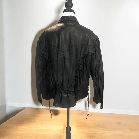 LEATHER FRINGE BIKER JACKET SILVER BIKE WOMENS SZ XXL BLACK Moto - Picture 4 of 14